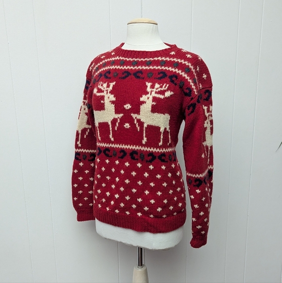 Vintage Eddie Bauer Red Wool Reindeer Deer Elk Knitted Crewneck Sweater Size M - Picture 2 of 7